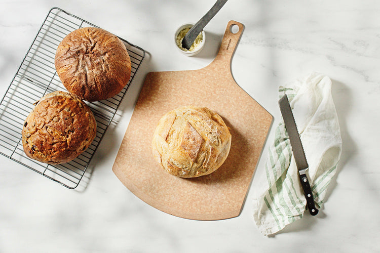 Epicurean Pizza Peel Plus in Natural with sour dough bread