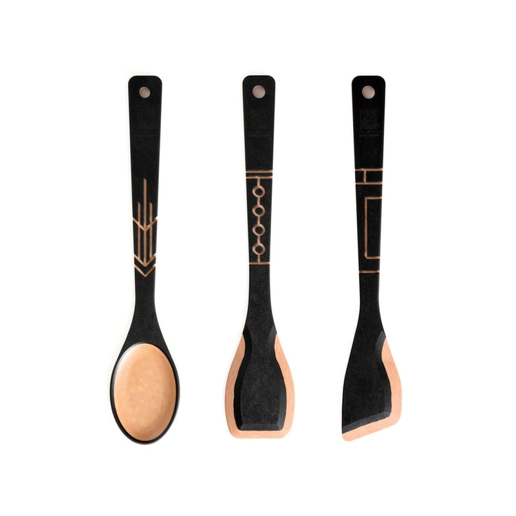 The Frank Lloyd Wright Utensil Set includes the Large Spoon, Paddle and Sauté Tool in Slate/Natural